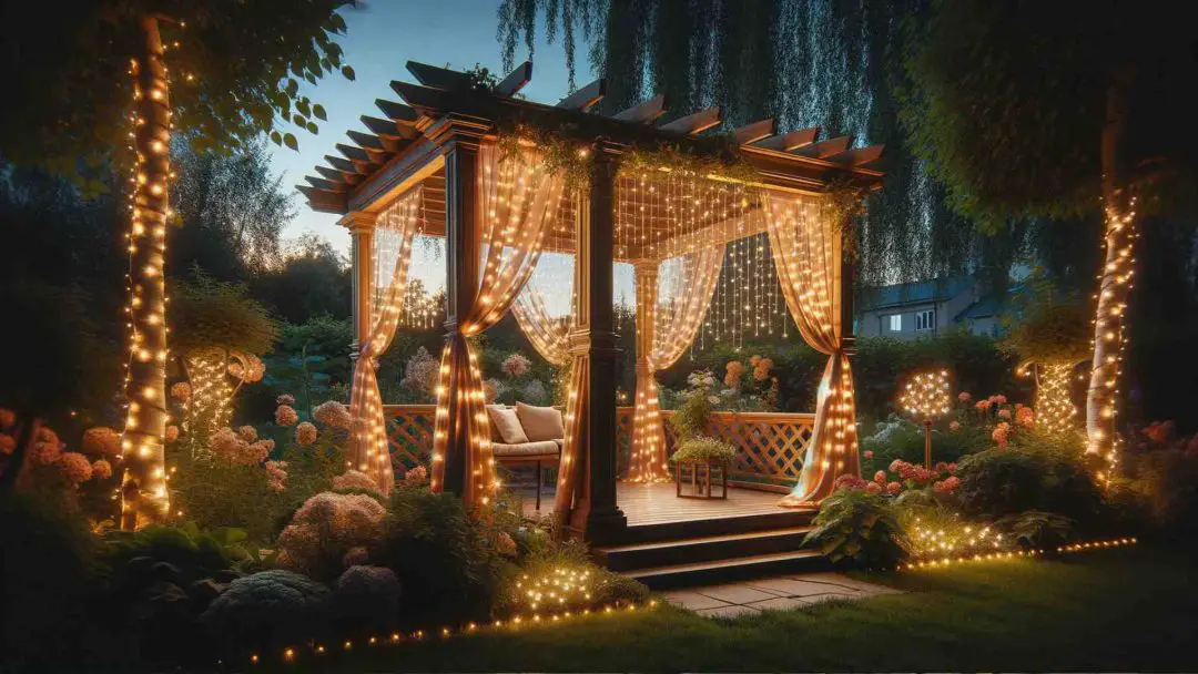 pergola with curtain fairy lights