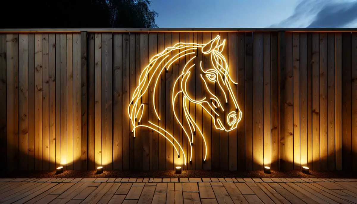 drawing of a horse head in the style of one line drawing using warm white Neon-Flex displayed on a wooden fence